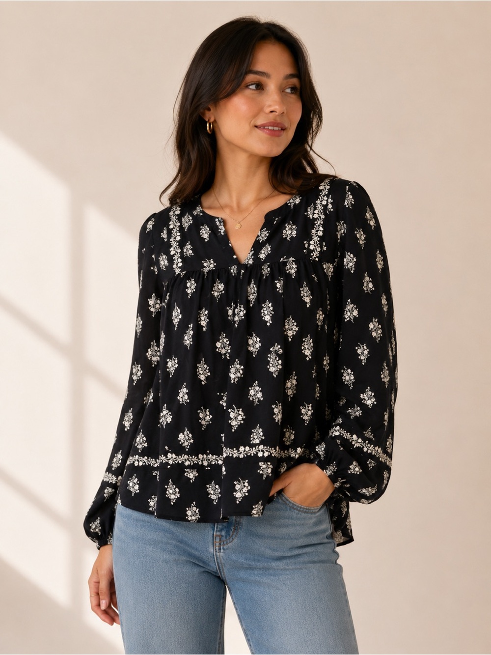 Maurices Black Floral Peasant Blouse - Women's Long Sleeve Top
